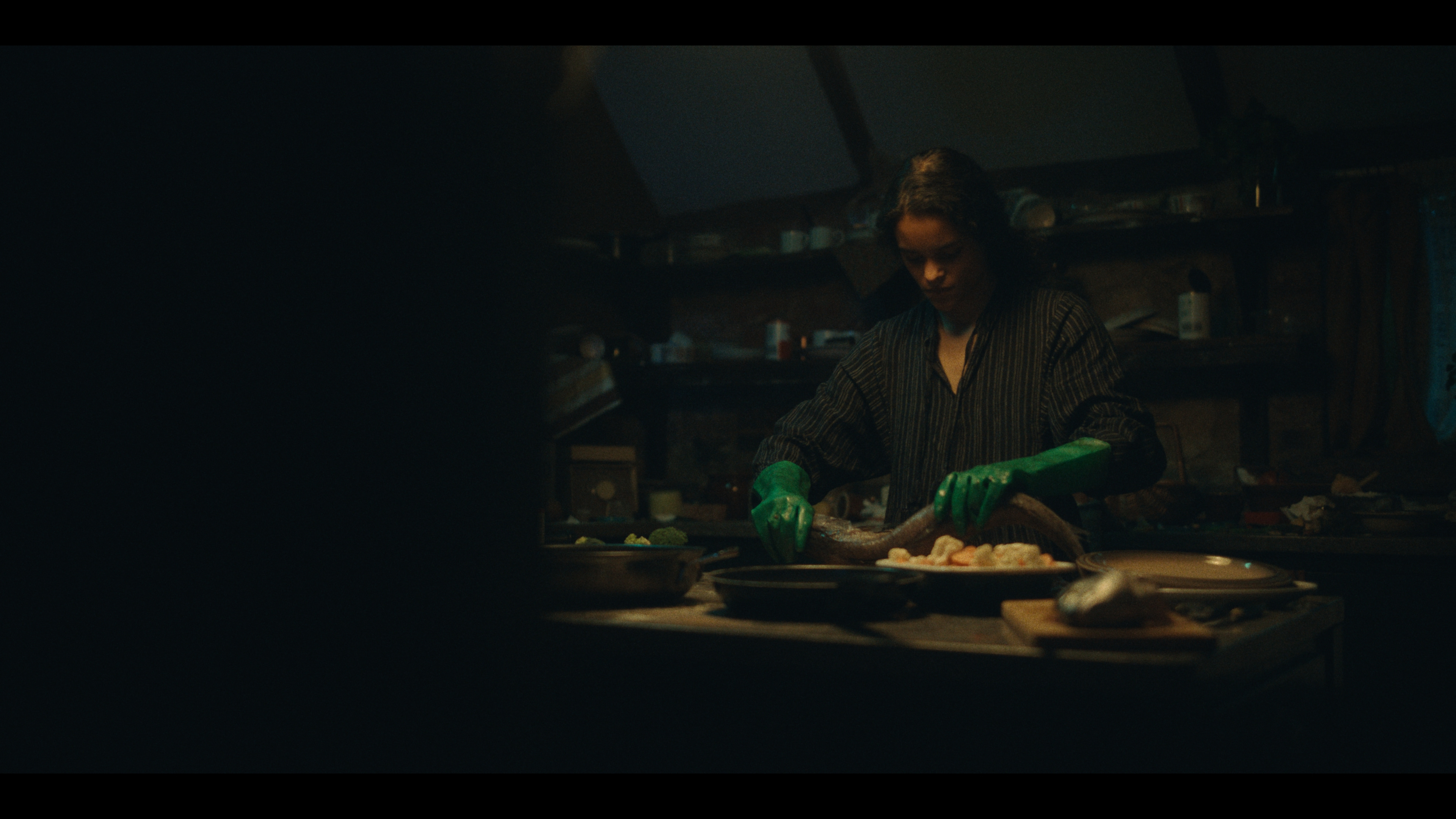 A domestic kitchen scene involving fish, gloves and contamination.